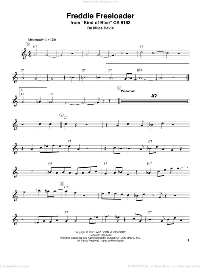 Freddie Freeloader sheet music for trumpet solo (transcription) by Miles Davis, intermediate trumpet (transcription)