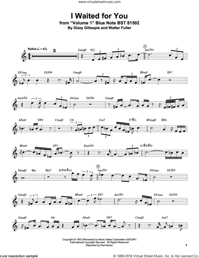 I Waited For You sheet music for trumpet solo (transcription) by Miles Davis, Dizzy Gillespie and Walter Fuller, intermediate trumpet (transcription)