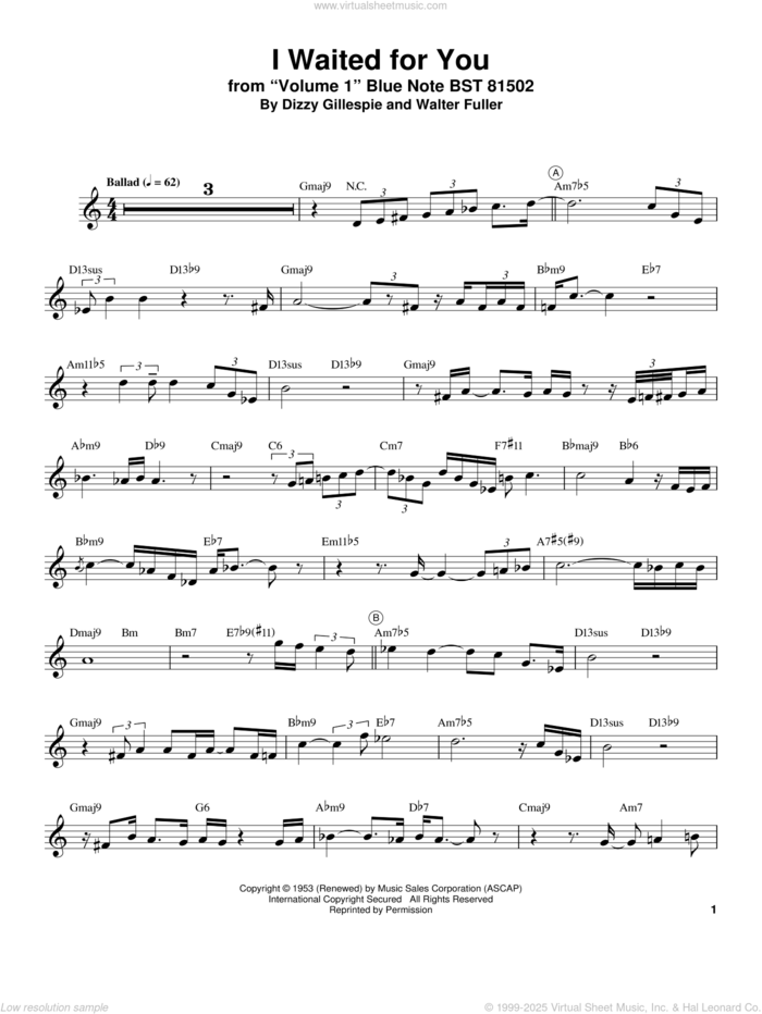 I Waited For You sheet music for trumpet solo (transcription) by Miles Davis, Dizzy Gillespie and Walter Fuller, intermediate trumpet (transcription)