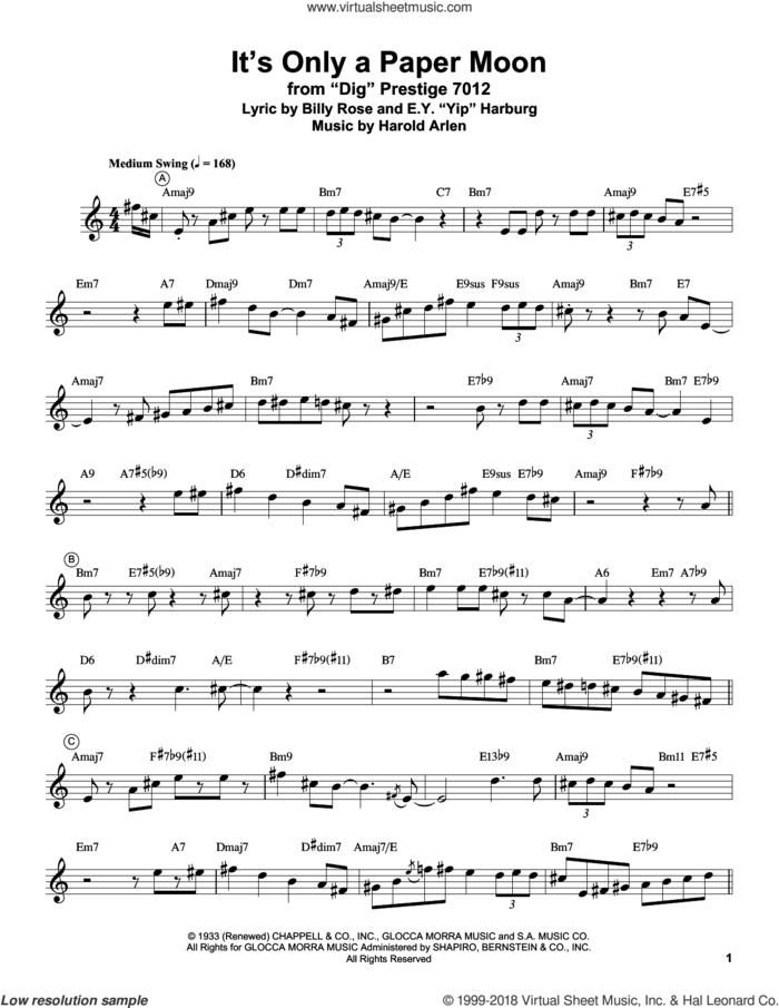 It's Only A Paper Moon sheet music for trumpet solo (transcription) by Miles Davis, Billy Rose, E.Y. Harburg and Harold Arlen, intermediate trumpet (transcription)
