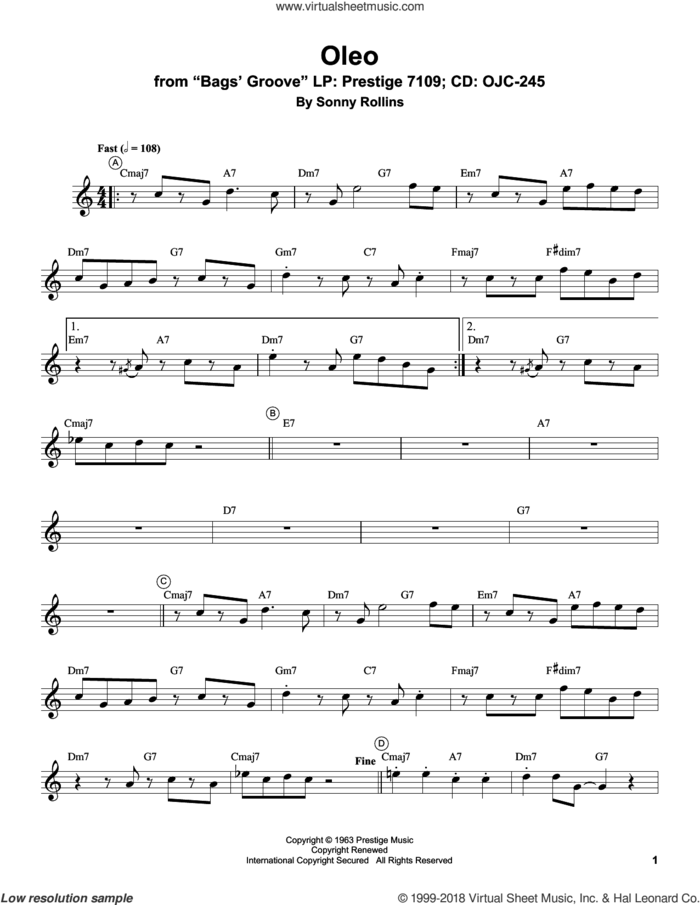 Oleo sheet music for trumpet solo (transcription) by Miles Davis and Sonny Rollins, intermediate trumpet (transcription)
