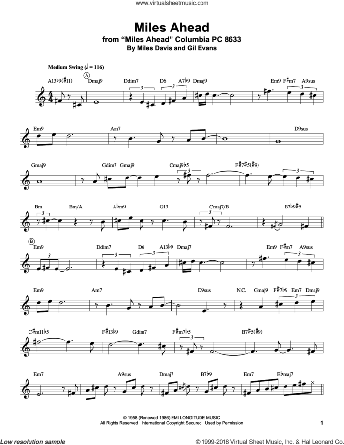 Miles Ahead sheet music for trumpet solo (transcription) by Miles Davis and Gil Evans, intermediate trumpet (transcription)