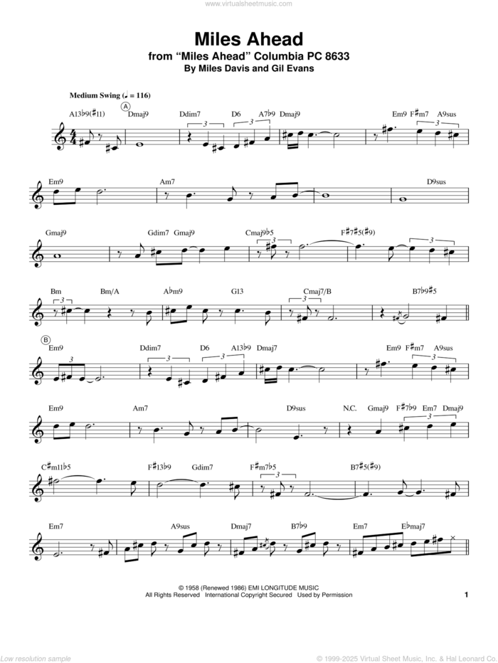 Miles Ahead sheet music for trumpet solo (transcription) by Miles Davis and Gil Evans, intermediate trumpet (transcription)