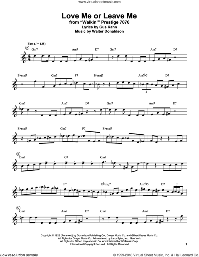 Love Me Or Leave Me sheet music for trumpet solo (transcription) by Miles Davis, Gus Kahn and Walter Donaldson, intermediate trumpet (transcription)