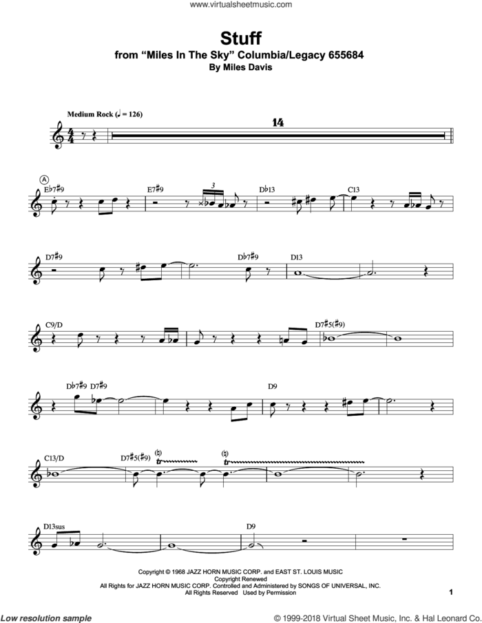 Stuff sheet music for trumpet solo (transcription) by Miles Davis, intermediate trumpet (transcription)