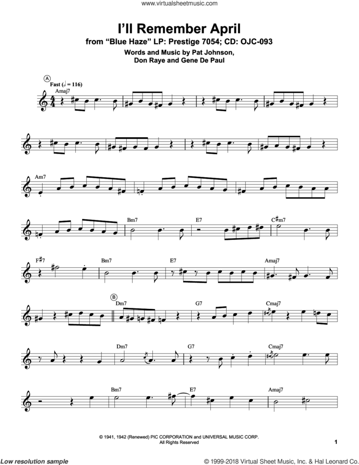 I'll Remember April sheet music for trumpet solo (transcription) by Miles Davis, Don Raye, Gene DePaul and Pat Johnston, intermediate trumpet (transcription)
