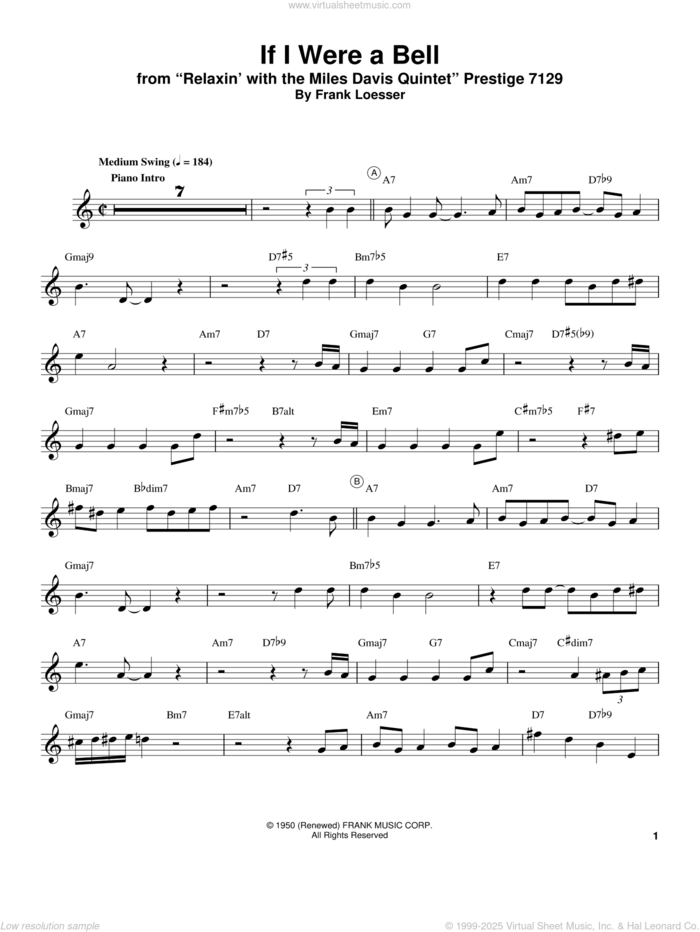 If I Were A Bell sheet music for trumpet solo (transcription) by Miles Davis and Frank Loesser, intermediate trumpet (transcription)