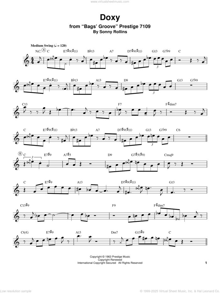 Doxy sheet music for trumpet solo (transcription) by Miles Davis and Sonny Rollins, intermediate trumpet (transcription)