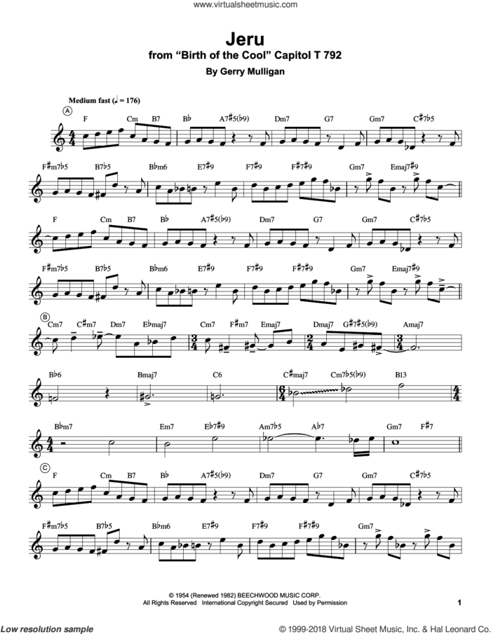 Jeru sheet music for trumpet solo (transcription) by Miles Davis and Gerry Mulligan, intermediate trumpet (transcription)