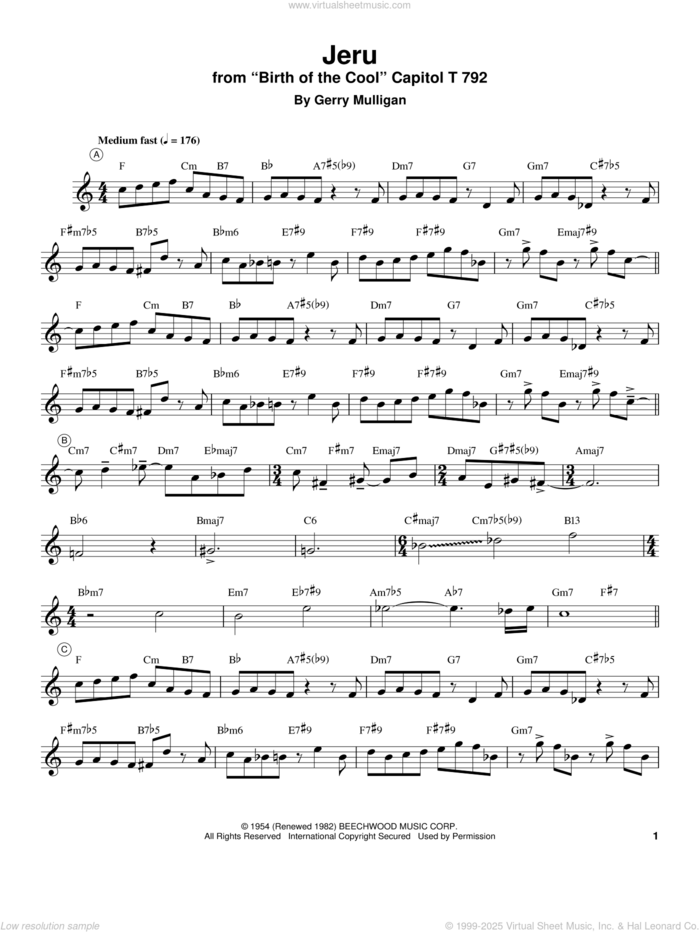 Jeru sheet music for trumpet solo (transcription) by Miles Davis and Gerry Mulligan, intermediate trumpet (transcription)