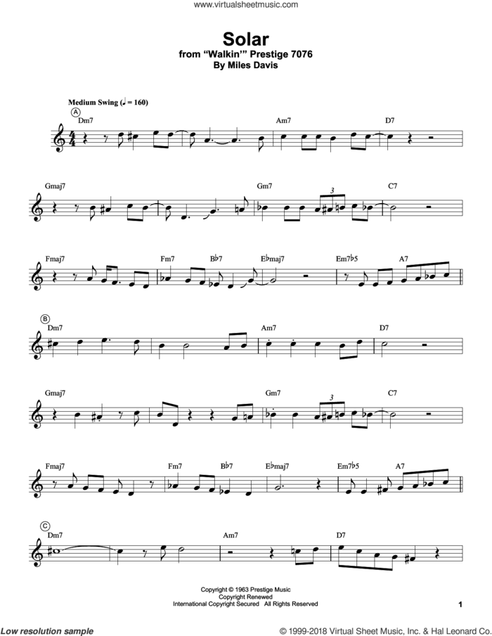 Solar sheet music for trumpet solo (transcription) by Miles Davis, intermediate trumpet (transcription)