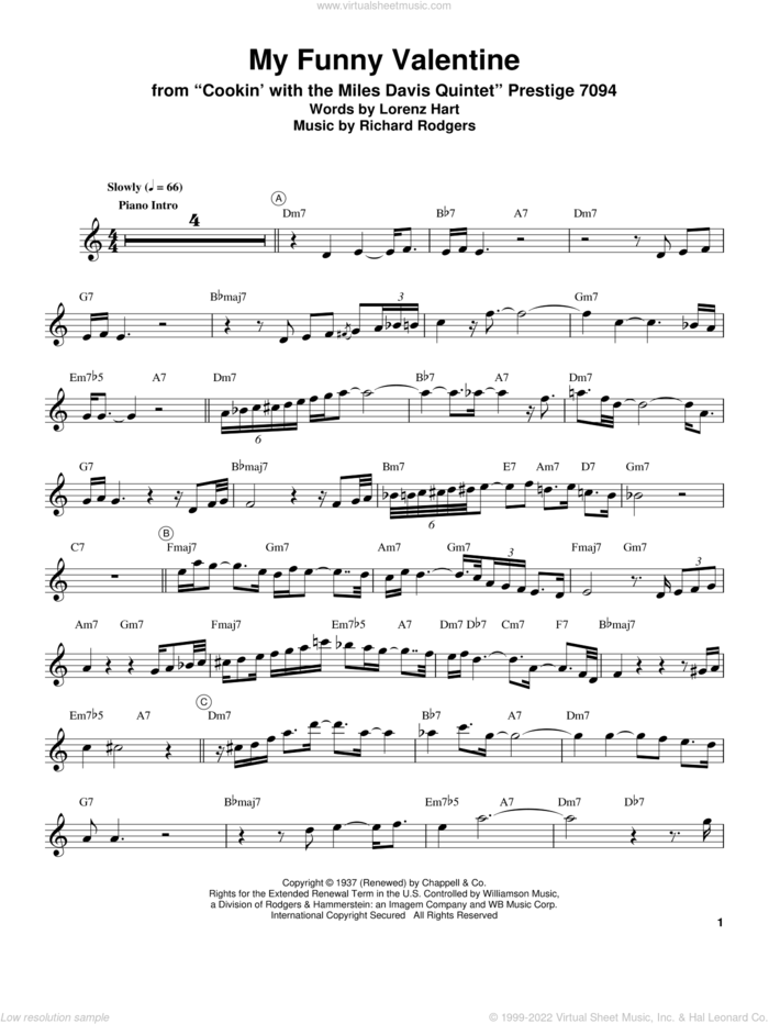 My Funny Valentine sheet music for trumpet solo (transcription) by Miles Davis, Lorenz Hart and Richard Rodgers, intermediate trumpet (transcription)
