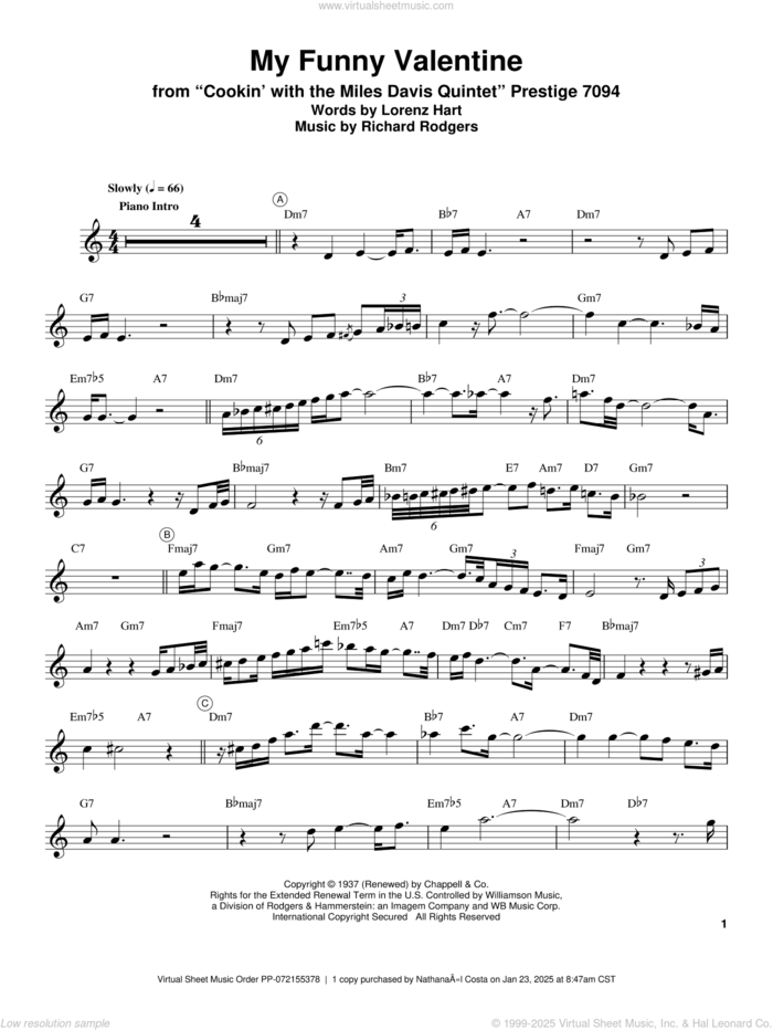 My Funny Valentine sheet music for trumpet solo (transcription) by Miles Davis, Lorenz Hart and Richard Rodgers, intermediate trumpet (transcription)