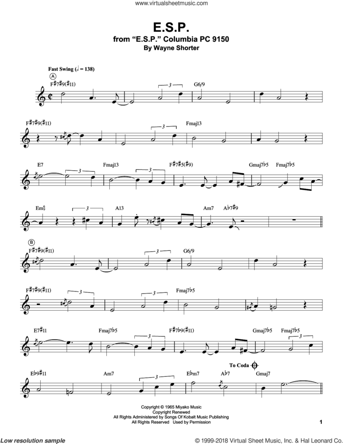 E.S.P. sheet music for trumpet solo (transcription) by Miles Davis and Wayne Shorter, intermediate trumpet (transcription)