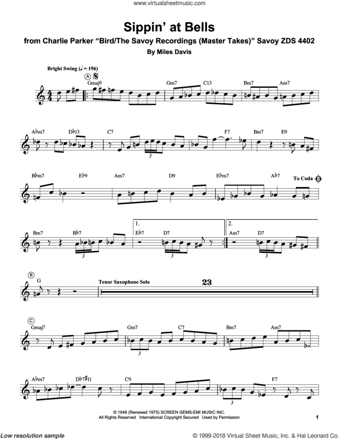 Sippin' At Bells sheet music for trumpet solo (transcription) by Miles Davis, intermediate trumpet (transcription)