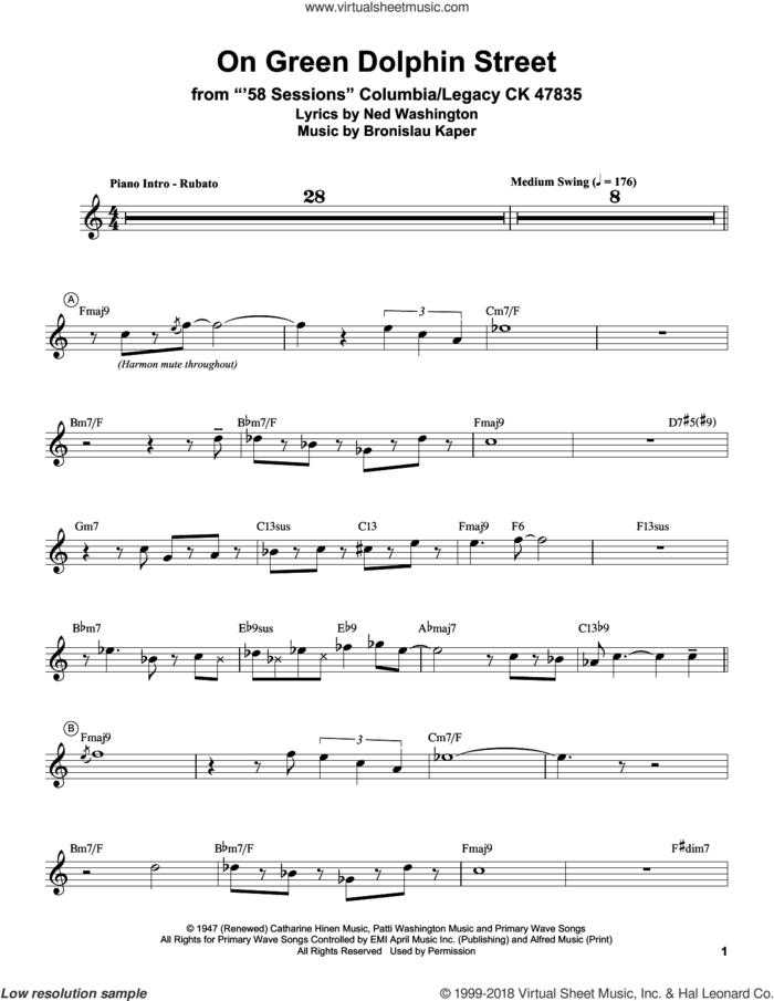 On Green Dolphin Street sheet music for trumpet solo (transcription) by Miles Davis, Bronislau Kaper and Ned Washington, intermediate trumpet (transcription)