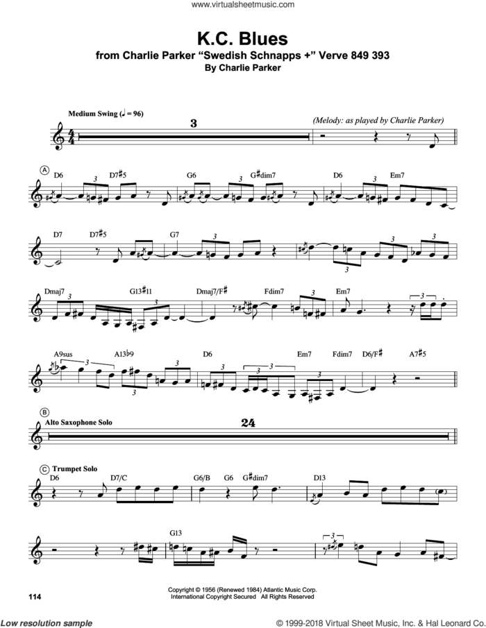 K.C. Blues sheet music for trumpet solo (transcription) by Miles Davis and Charlie Parker, intermediate trumpet (transcription)