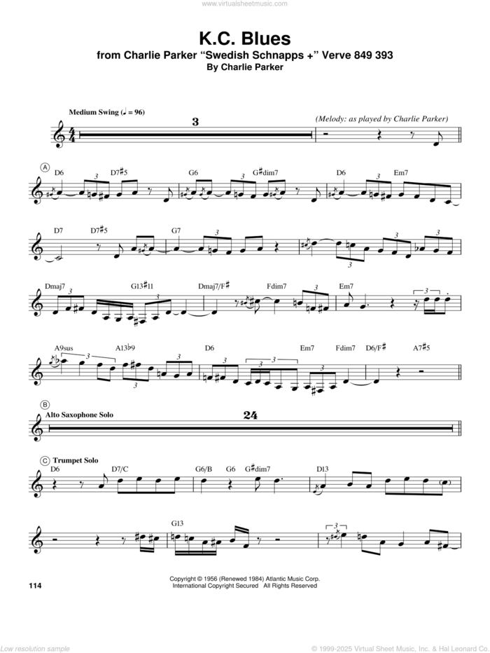 K.C. Blues sheet music for trumpet solo (transcription) by Miles Davis and Charlie Parker, intermediate trumpet (transcription)