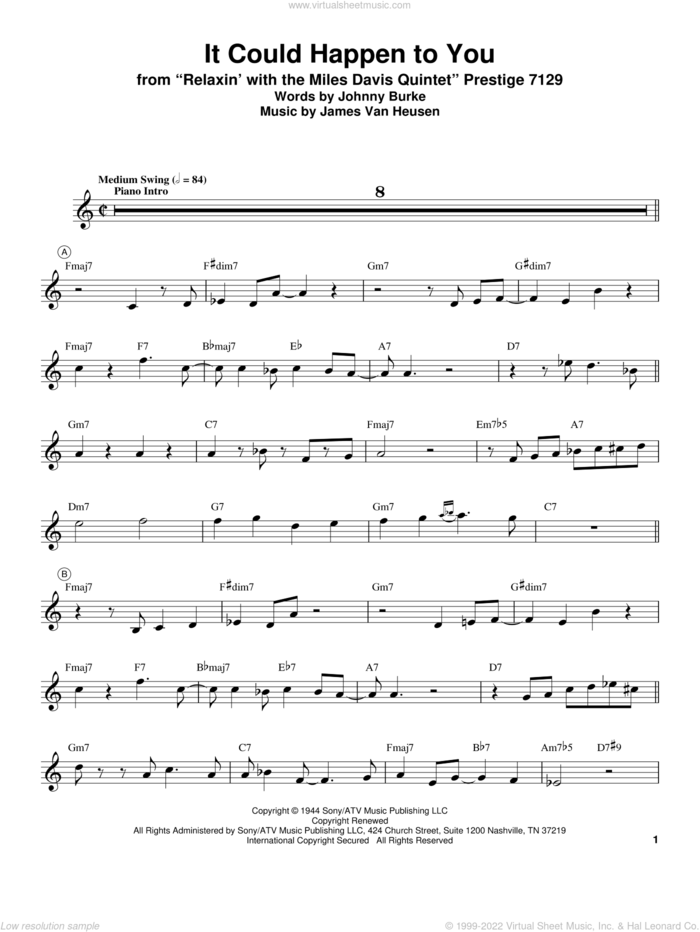 It Could Happen To You sheet music for trumpet solo (transcription) by Miles Davis, Jimmy van Heusen and John Burke, intermediate trumpet (transcription)