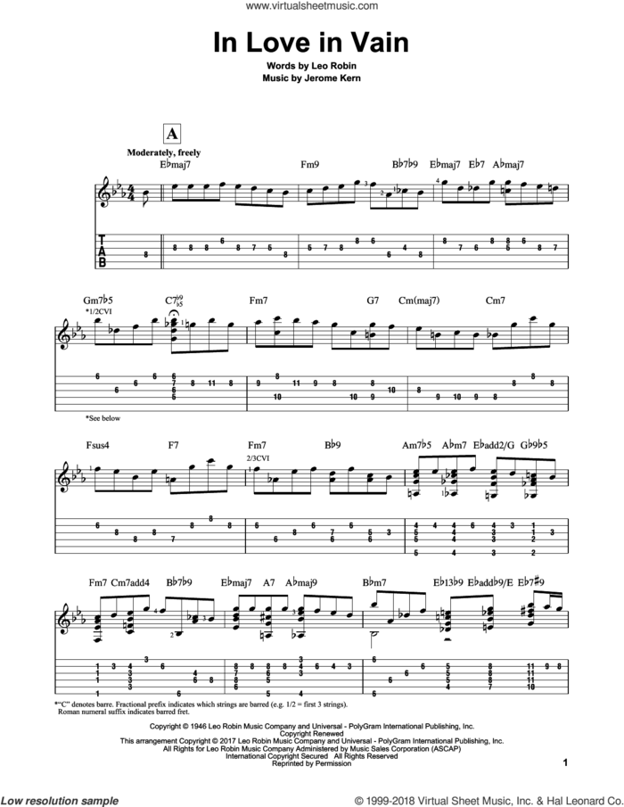 In Love In Vain sheet music for guitar solo by Jerome Kern, Matt Otten and Leo Robin, intermediate skill level