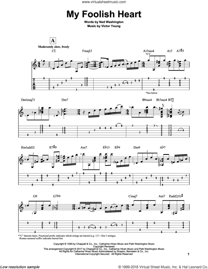 My Foolish Heart sheet music for guitar solo by Ned Washington, Matt Otten, Demensions and Victor Young, intermediate skill level