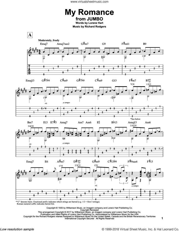 My Romance sheet music for guitar solo by Richard Rodgers, Matt Otten and Lorenz Hart, intermediate skill level