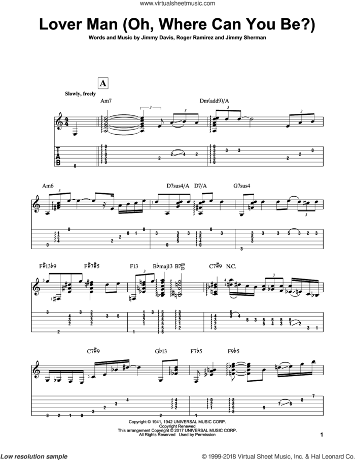 Lover Man (Oh, Where Can You Be?) sheet music for guitar solo by Jimmie Davis, Matt Otten, Billie Holiday, Jimmy Sherman and Roger Ramirez, intermediate skill level