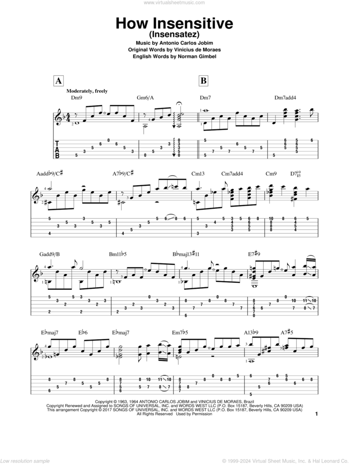 How Insensitive (Insensatez) sheet music for guitar solo by Norman Gimbel, Matt Otten, Astrud Gilberto, Antonio Carlos Jobim and Vinicius de Moraes, intermediate skill level