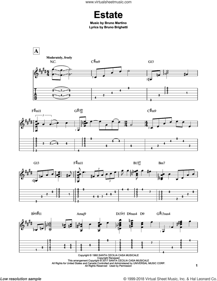 Estate sheet music for guitar solo by Bruno Brighetti, Matt Otten and Bruno Martino, intermediate skill level