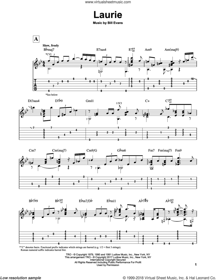 Laurie sheet music for guitar solo by Bill Evans and Matt Otten, intermediate skill level