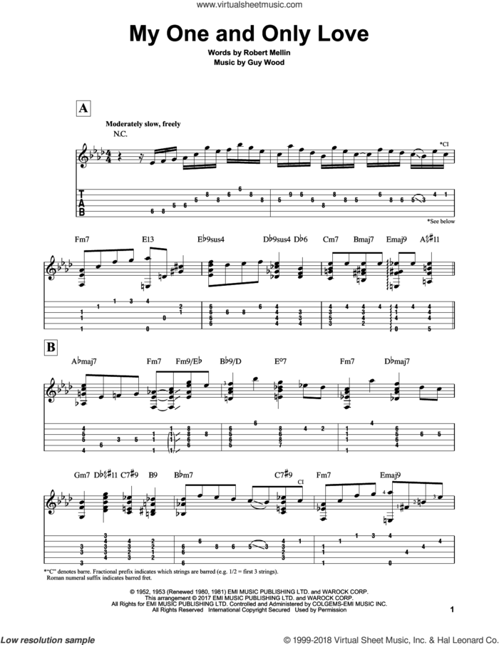 My One And Only Love sheet music for guitar solo by Guy Wood, Matt Otten and Robert Mellin, intermediate skill level