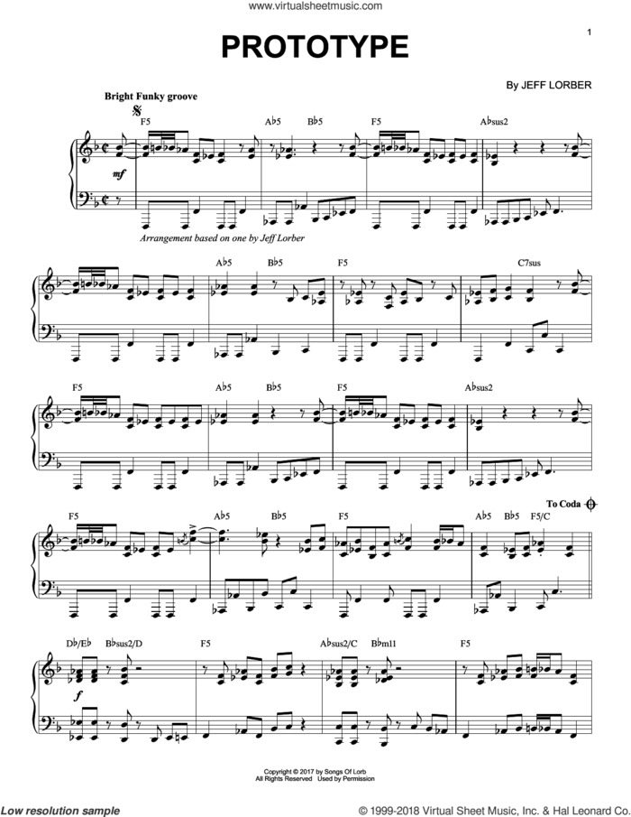 Prototype sheet music for piano solo by Jeff Lorber, intermediate skill level