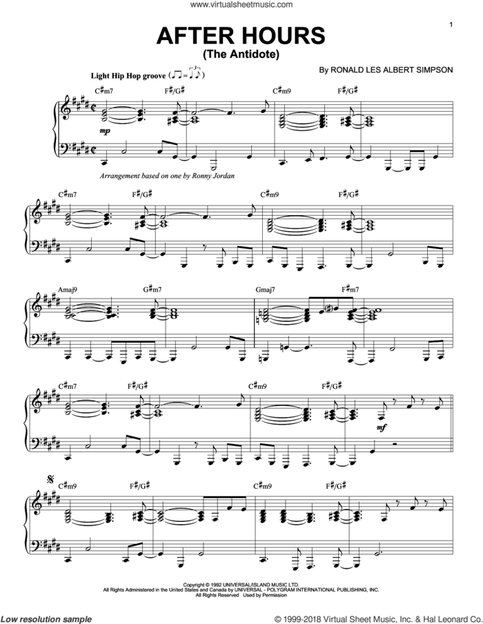After Hours (The Antidote) sheet music for piano solo by Ronald Les Albert Simpson, intermediate skill level
