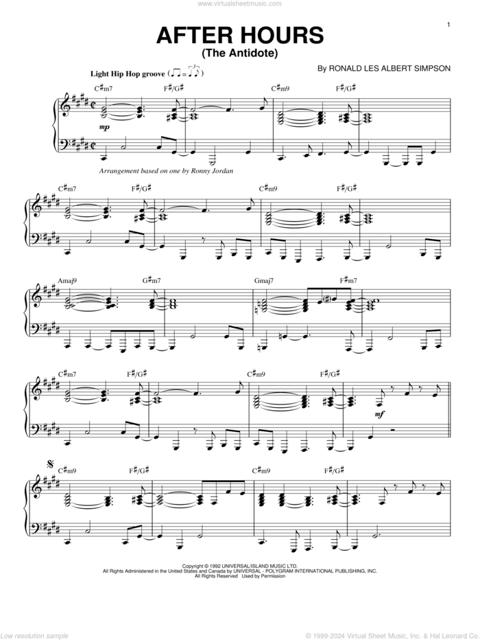 After Hours (The Antidote) sheet music for piano solo by Ronald Les Albert Simpson, intermediate skill level