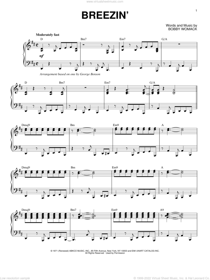 Breezin' sheet music for piano solo by George Benson and Bobby Womack, intermediate skill level