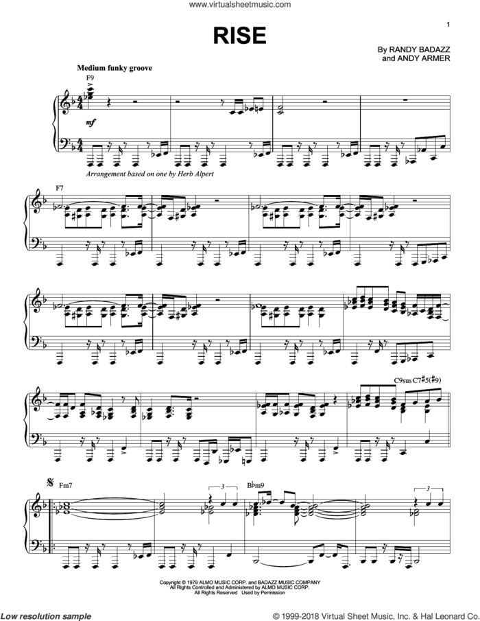 Rise sheet music for piano solo by Herb Alpert, Andy Armer and Randy Badazz, intermediate skill level