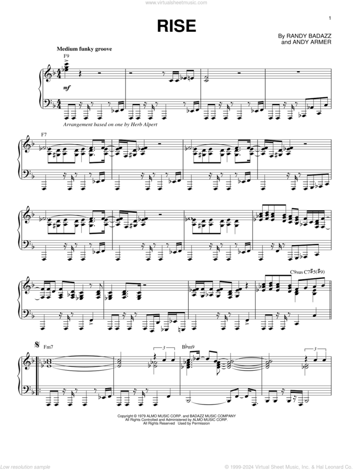 Rise sheet music for piano solo by Herb Alpert, Andy Armer and Randy Badazz, intermediate skill level