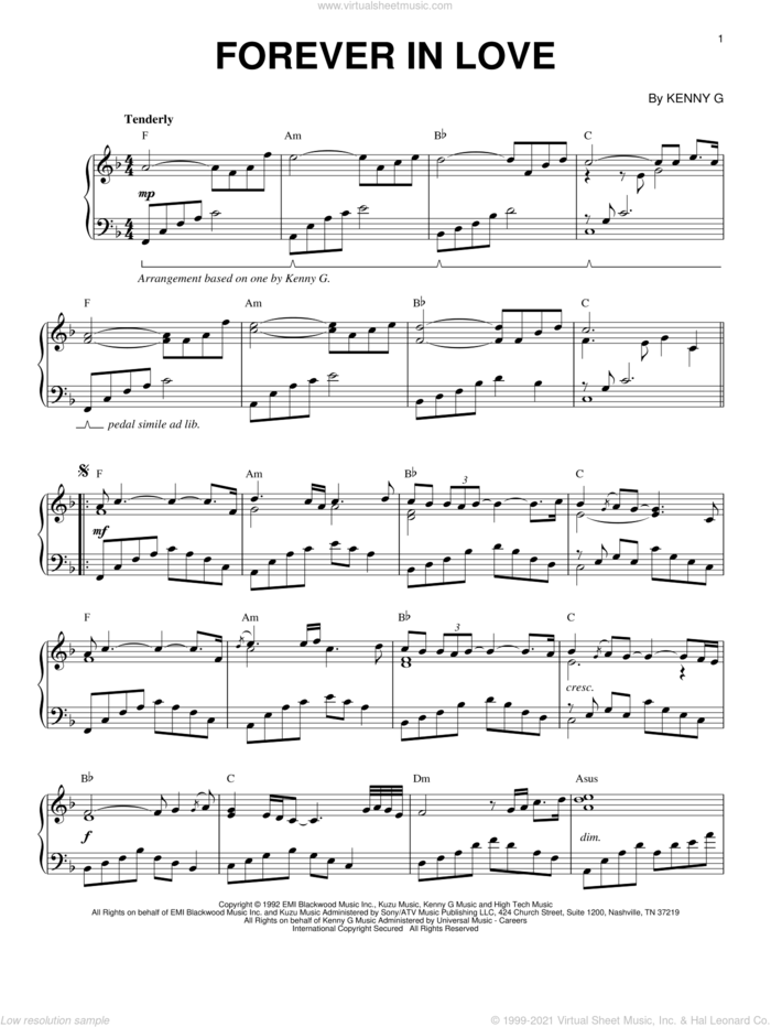 Forever In Love, (intermediate) sheet music for piano solo by Kenny G, intermediate skill level