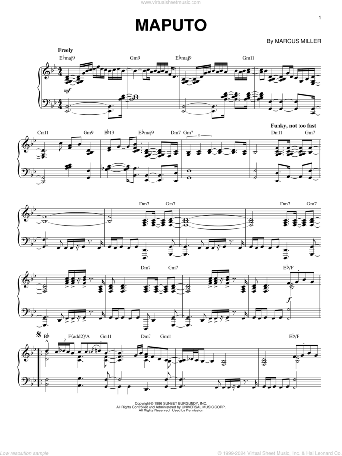 Maputo sheet music for piano solo by Marcus Miller, intermediate skill level