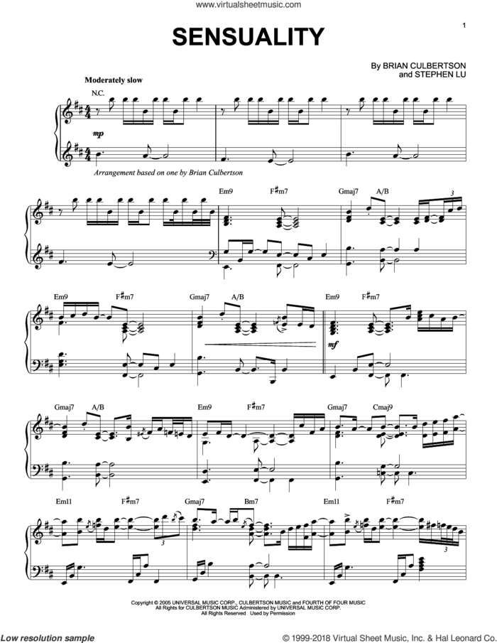 Sensuality sheet music for piano solo by Brian Culbertson and Stephen Lu, intermediate skill level