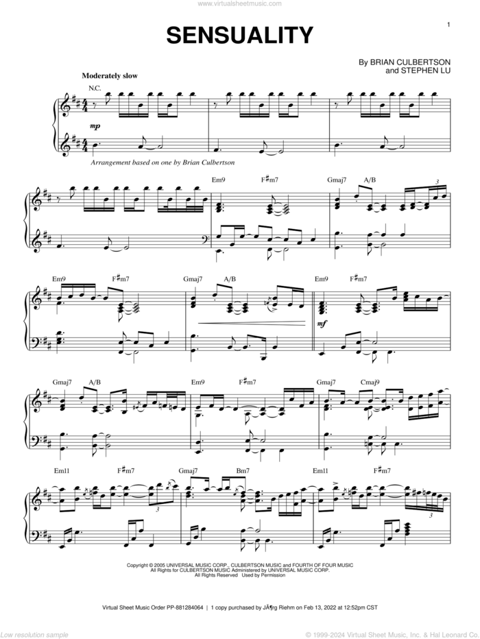 Sensuality sheet music for piano solo by Brian Culbertson and Stephen Lu, intermediate skill level