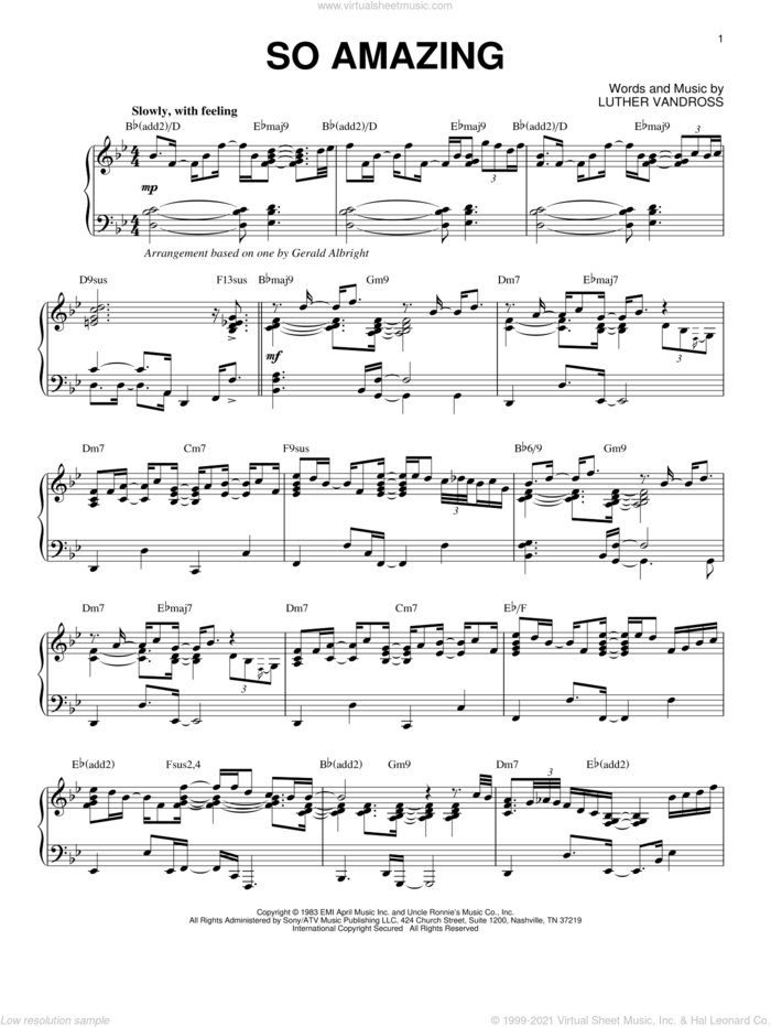So Amazing sheet music for piano solo by Luther Vandross, intermediate skill level