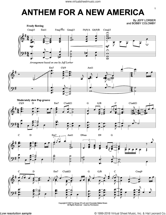Anthem For A New America sheet music for piano solo by Jeff Lorber and Bobby Colomby, intermediate skill level