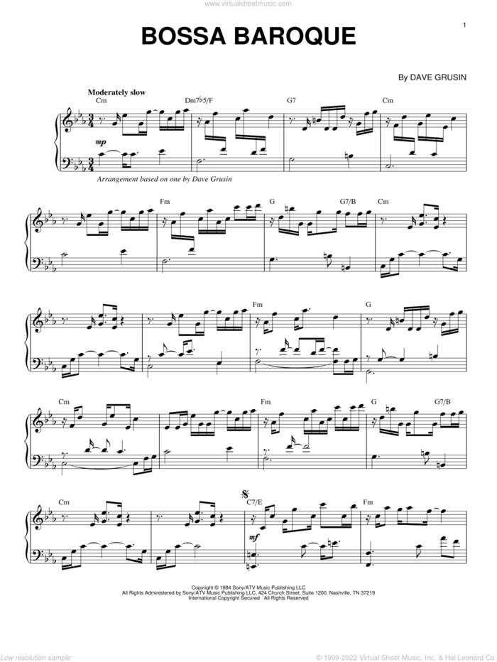 Bossa Baroque sheet music for piano solo by Dave Grusin and David Grusin, intermediate skill level