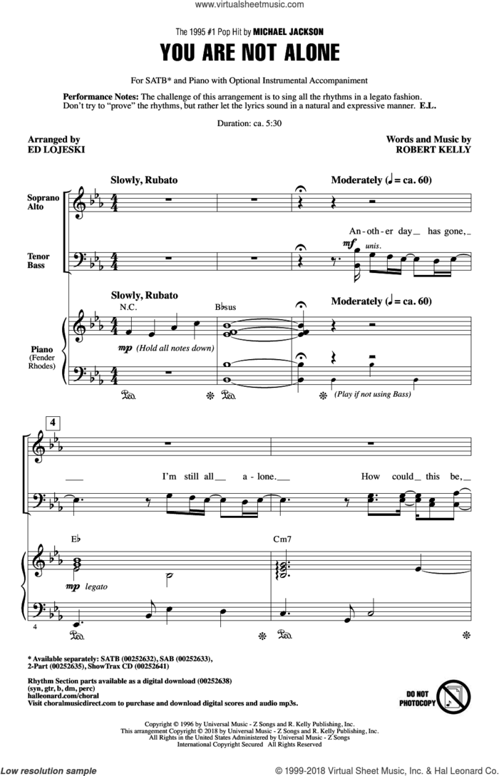 You Are Not Alone sheet music for choir (SATB: soprano, alto, tenor, bass) by Robert Kelly, Ed Lojeski and Michael Jackson, intermediate skill level