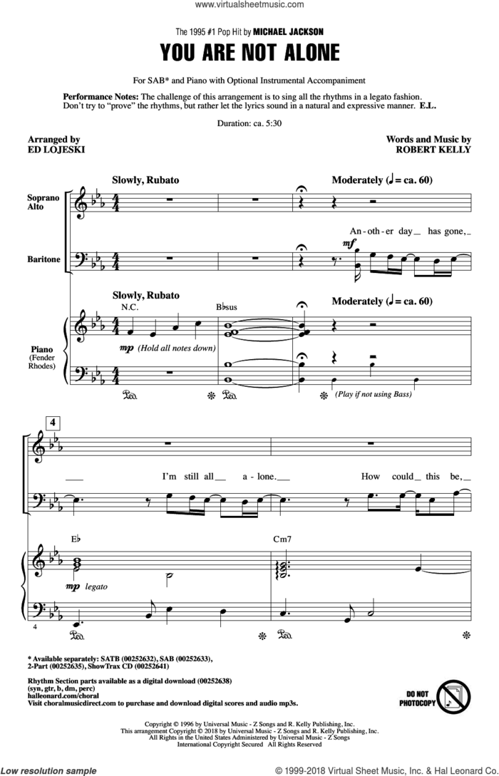 You Are Not Alone sheet music for choir (SAB: soprano, alto, bass) by Robert Kelly, Ed Lojeski and Michael Jackson, intermediate skill level