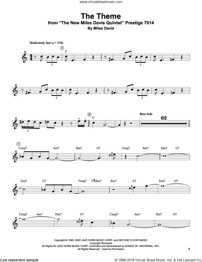 The Theme sheet music for trumpet solo (transcription) by Miles Davis, intermediate trumpet (transcription)