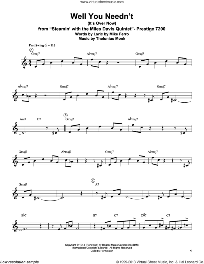 Well You Needn't (It's Over Now) sheet music for trumpet solo (transcription) by Miles Davis, Mike Ferro and Thelonious Monk, intermediate trumpet (transcription)