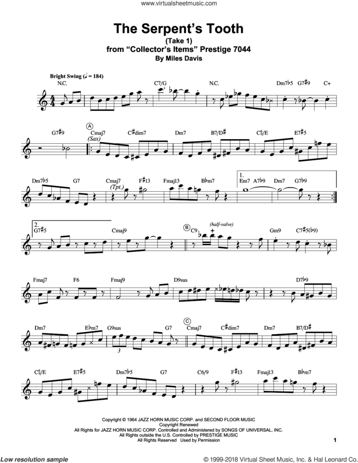 The Serpent's Tooth sheet music for trumpet solo (transcription) by Miles Davis, intermediate trumpet (transcription)