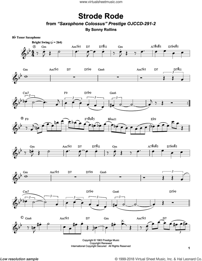 Strode Rode sheet music for tenor saxophone solo (transcription) by Sonny Rollins, intermediate tenor saxophone (transcription)